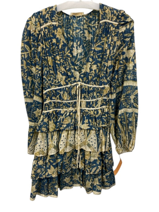 Ulla Johnson Size 2 Blue, Yellow & Multi Cotton Blend Ruffle Skirt V Neck Dress Blue, Yellow & Multi / 2