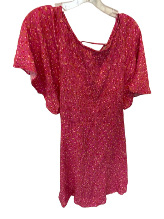 Free People Size XL Pink & Red Viscose Short Sleeve smocked Flowers Dress Pink & Red / XL