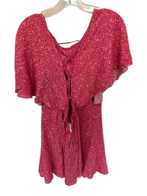 Free People Size XL Pink & Red Viscose Short Sleeve smocked Flowers Dress Pink & Red / XL