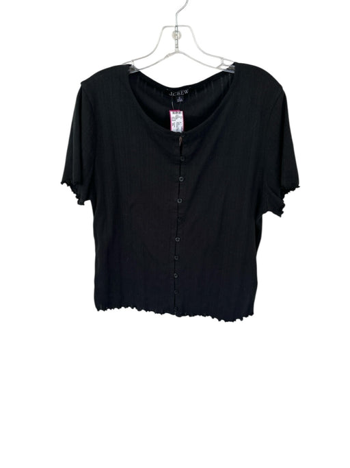 J Crew Size XL Black Cotton lettuce edge Button Down Pointelle short sleeve Top Black / XL
