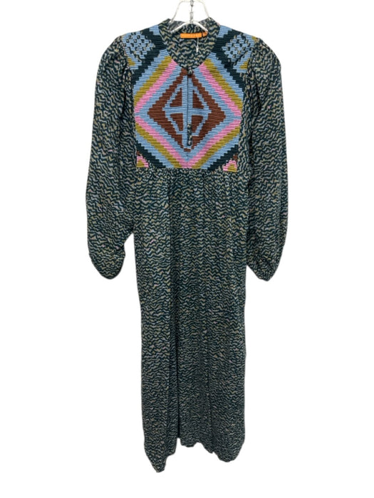 Oliphant Size XS Blue, Green, Pink Cotton Long Sleeve Wavy Midi Dress Blue, Green, Pink / XS
