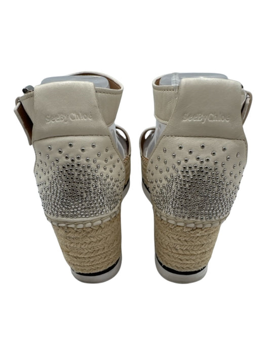 SeeByChloe Shoe Size 38 White, Silver, Brown Leather Raffia Stud Detail Wedges White, Silver, Brown / 38