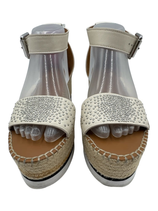 SeeByChloe Shoe Size 38 White, Silver, Brown Leather Raffia Stud Detail Wedges White, Silver, Brown / 38