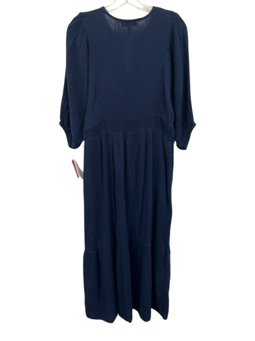 Michael Stars Size Small Navy Blue Cotton V Neck Long Sleeve Textured Maxi Dress Navy Blue / Small