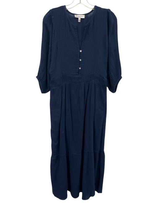 Michael Stars Size Small Navy Blue Cotton V Neck Long Sleeve Textured Maxi Dress Navy Blue / Small