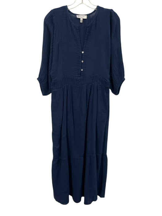 Michael Stars Size Small Navy Blue Cotton V Neck Long Sleeve Textured Maxi Dress Navy Blue / Small