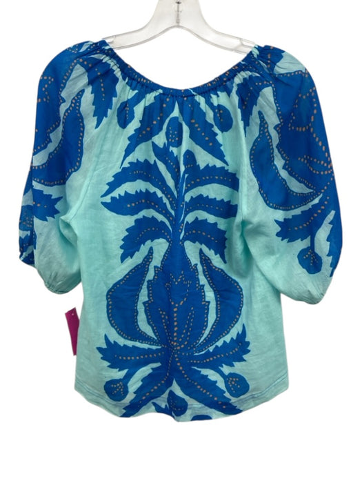 Omika Size S Mixed Blues Cotton Abstract Botanical Print 1/2 Balloon Sleeve Top Mixed Blues / S