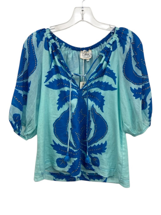 Omika Size S Mixed Blues Cotton Abstract Botanical Print 1/2 Balloon Sleeve Top Mixed Blues / S