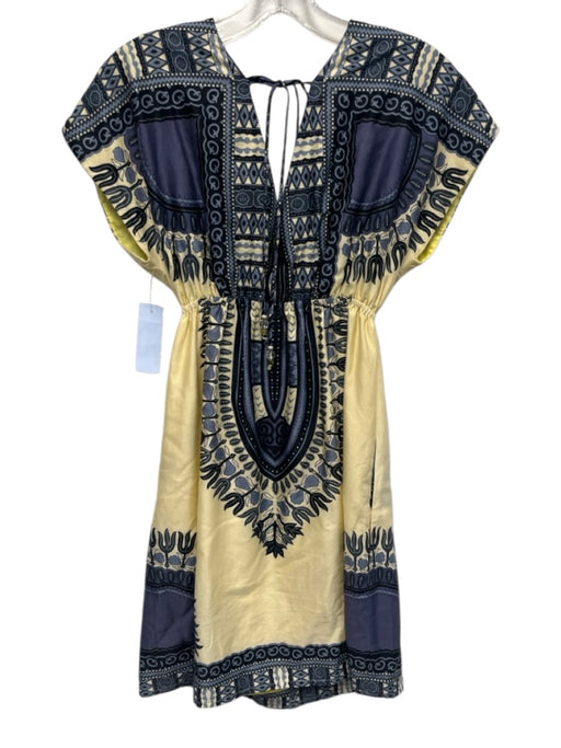 Meghan Size 2 Blue, Cream & Multi Silk & Cotton V Neck & Back Cap Sleeve Dress Blue, Cream & Multi / 2