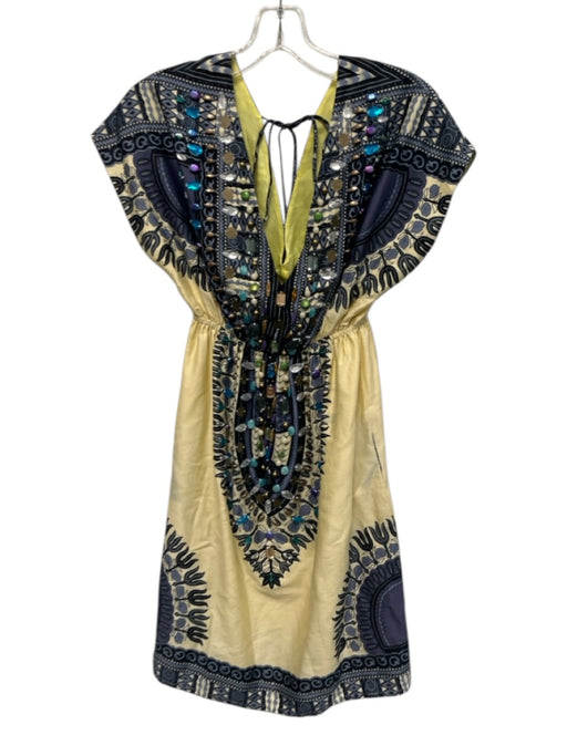 Meghan Size 2 Blue, Cream & Multi Silk & Cotton V Neck & Back Cap Sleeve Dress Blue, Cream & Multi / 2