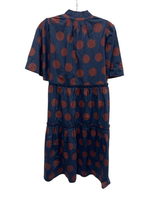 Sea New York Size 4 Navy Blue & Brown Cotton Ruffle Neck Short Sleeve Dress Navy Blue & Brown / 4