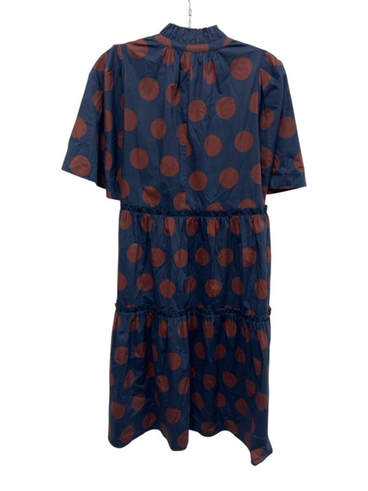 Sea New York Size 4 Navy Blue & Brown Cotton Ruffle Neck Short Sleeve Dress Navy Blue & Brown / 4