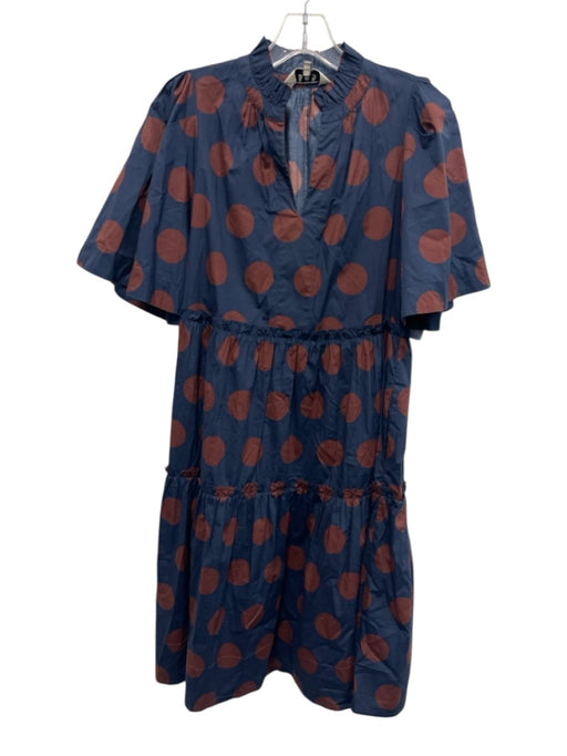 Sea New York Size 4 Navy Blue & Brown Cotton Ruffle Neck Short Sleeve Dress Navy Blue & Brown / 4