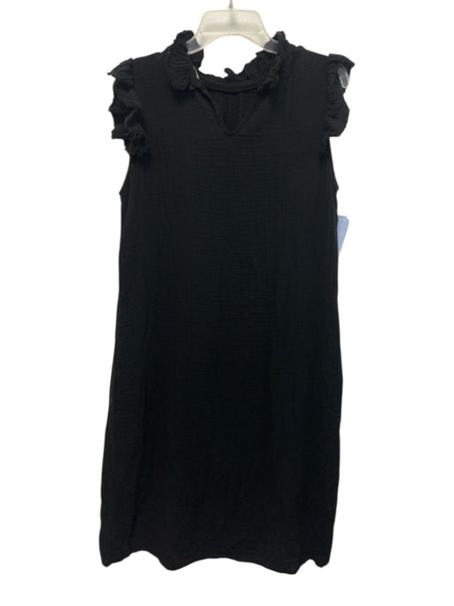 Stark X Size M Black Cotton Ruffle V Neck Short Sleeve Crinkle Dress Black / M
