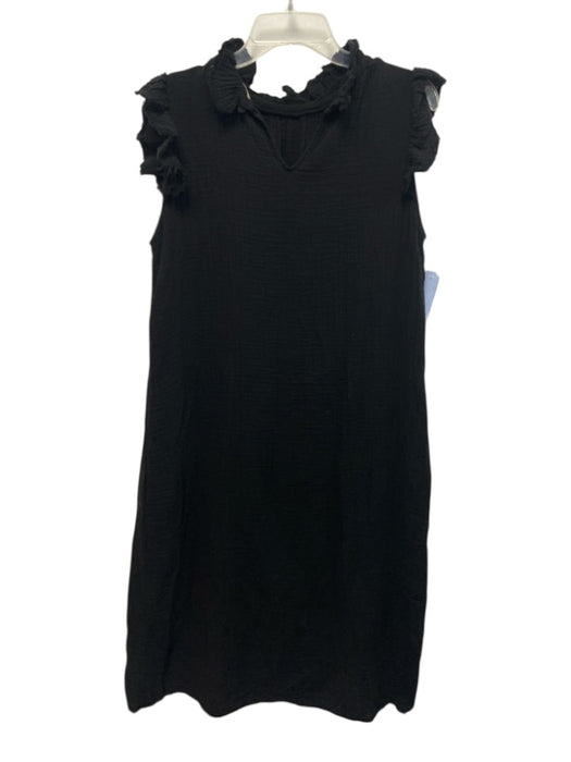 Stark X Size M Black Cotton Ruffle V Neck Short Sleeve Crinkle Dress Black / M
