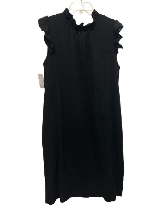 Stark X Size M Black Cotton Ruffle V Neck Short Sleeve Crinkle Dress Black / M