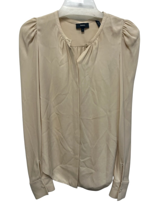 Theory Size S Beige Silk Button Down Collarless Long Sleeve Top Beige / S