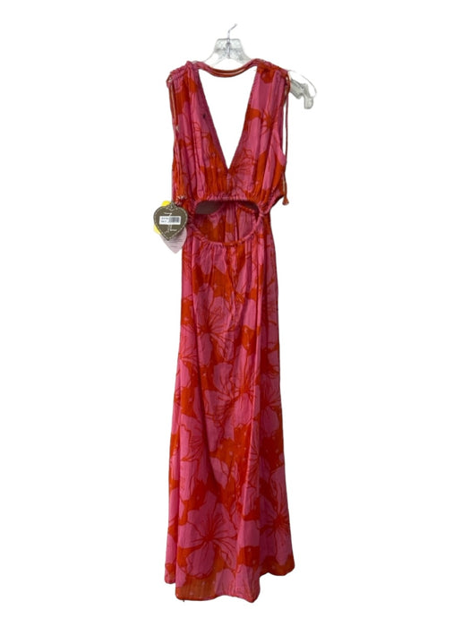 Z&L Size S Pink & Orange Cotton Floral Sleeveless Cut Out Beaded Detail Dress Pink & Orange / S