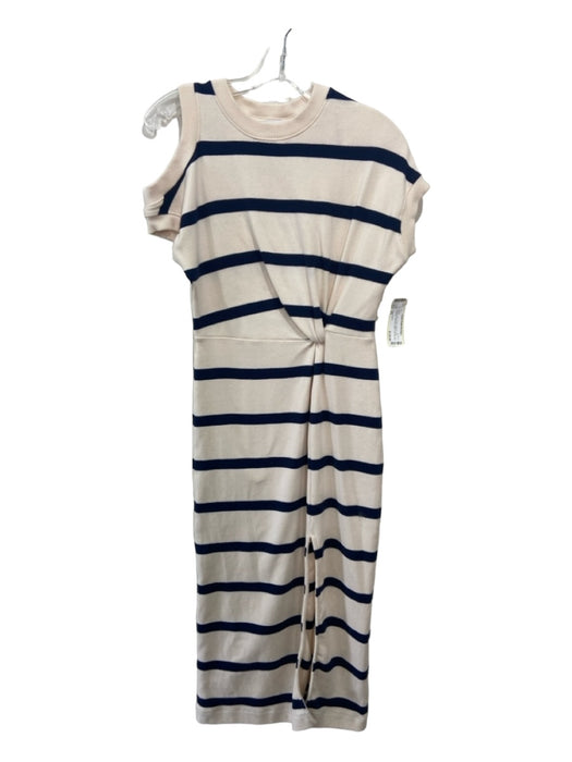 Tanya Taylor Size XS White & Blue Cotton Striped Cold Shoulder Front Slit Dress White & Blue / XS