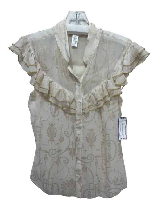 Diane Von Furstenberg Size 4 Creme & Gold Silk Chiffon Cap Sleeve Button Up Top Creme & Gold / 4