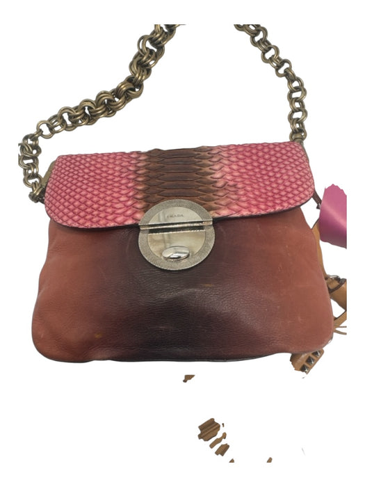 Prada Pink, Tan, Brown Leather Snake Skin Chain Strap Tassle Detail Bag Pink, Tan, Brown / XS