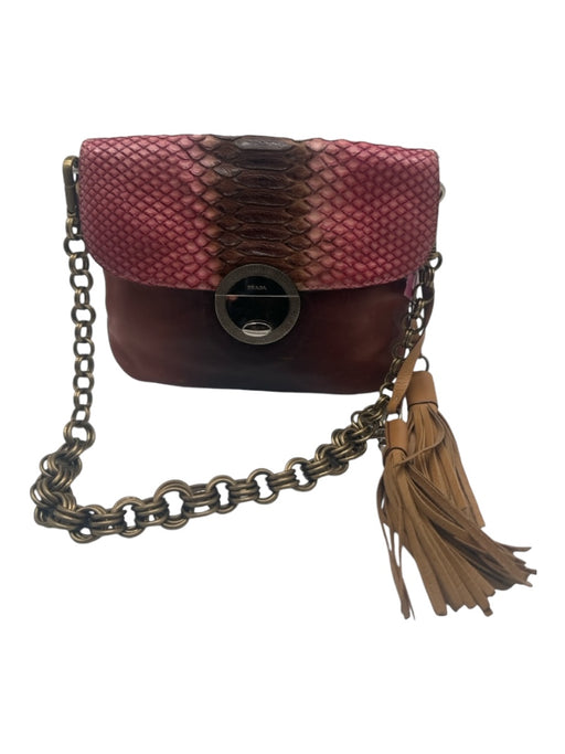 Prada Pink, Tan, Brown Leather Snake Skin Chain Strap Tassle Detail Bag Pink, Tan, Brown / XS