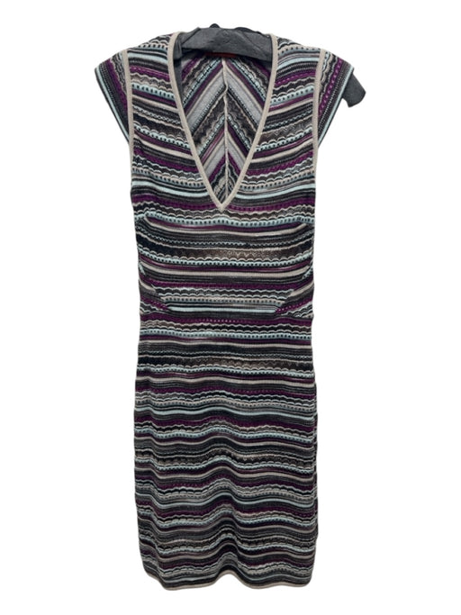 Missoni Size 38 Purple & Gray Wool Blend Horizontal Stripes V Neck Dress Purple & Gray / 38