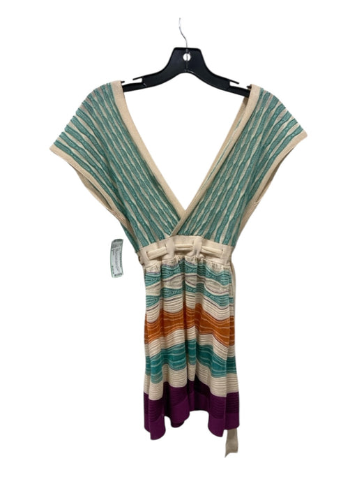 M Missoni Size 2 Beige, Teal & Purple Viscose & Cotton Tie Waist Chevron Top Beige, Teal & Purple / 2