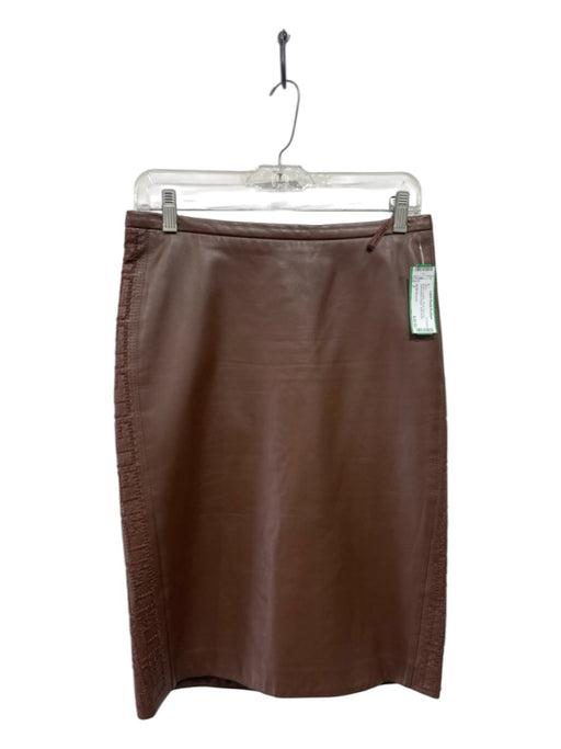 BCBG Maxazria Size 2 Brown Leather Pencil Back Zip Embroidered Design Skirt Brown / 2