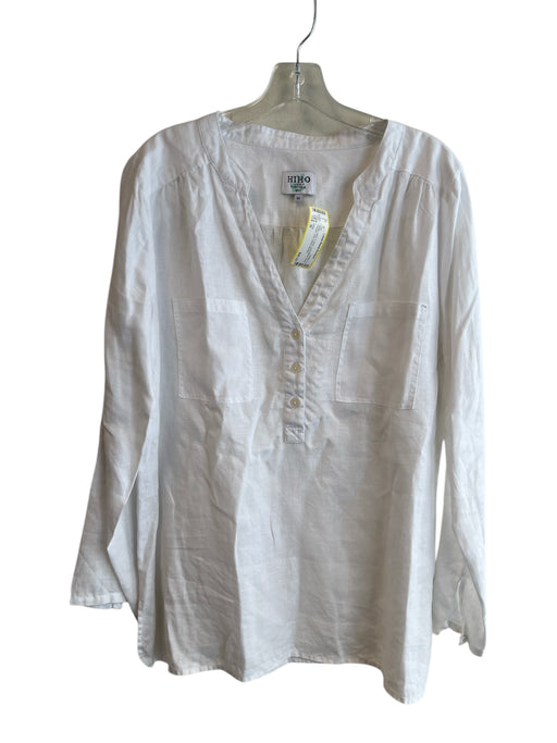 HiHo Size M White Linen V Neck Long Sleeve Chest Pocket Tunic Top White / M