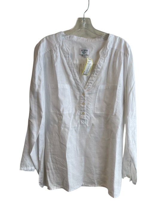 HiHo Size M White Linen V Neck Long Sleeve Chest Pocket Tunic Top White / M