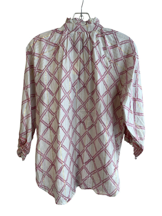 Clara The Label Size M White & Pink Cotton High Ruffle Neck Button Down Top White & Pink / M