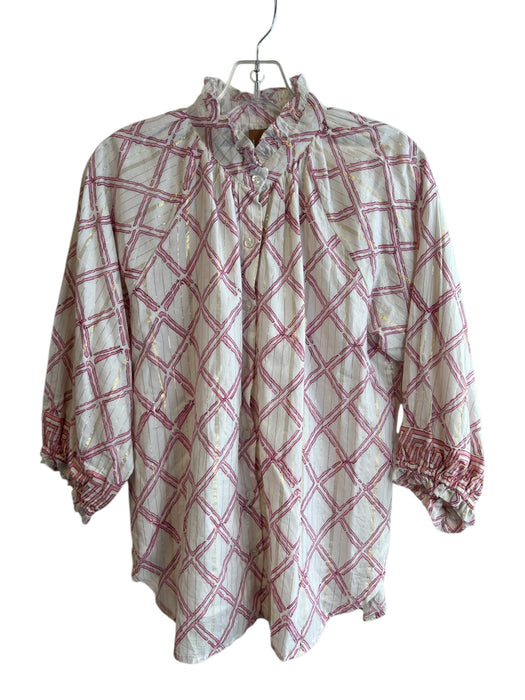 Clara The Label Size M White & Pink Cotton High Ruffle Neck Button Down Top White & Pink / M