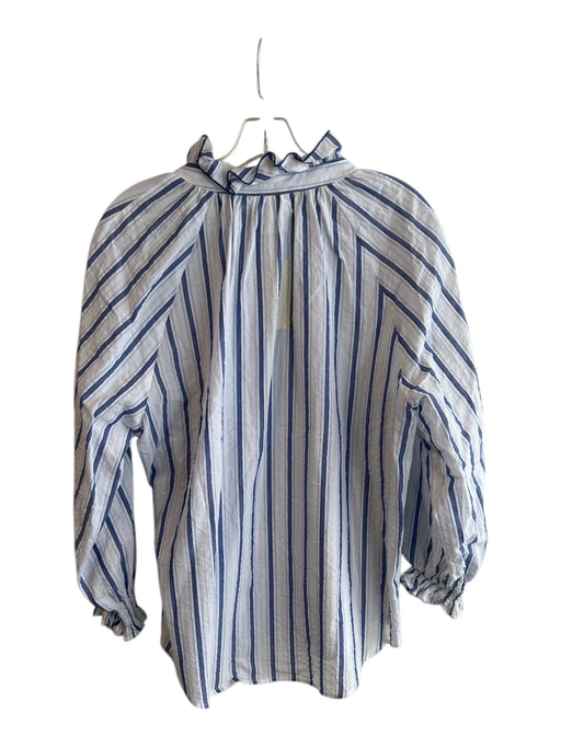 Finley Size L White & Blue Cotton Ruffle Neck Long Sleeve Button Down Top White & Blue / L