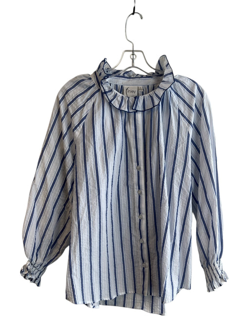 Finley Size L White & Blue Cotton Ruffle Neck Long Sleeve Button Down Top White & Blue / L