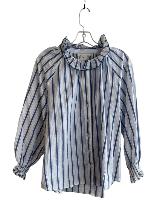 Finley Size L White & Blue Cotton Ruffle Neck Long Sleeve Button Down Top White & Blue / L