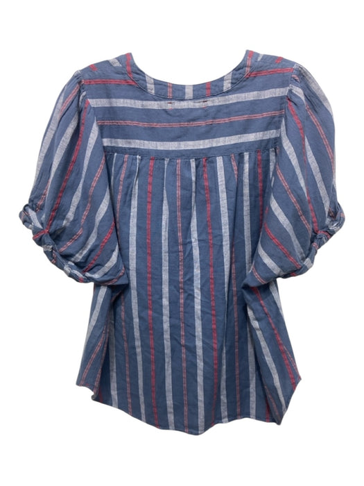 XiRENA Size M Blue & Pink Cotton Vertical Stripes Button & Hook Cuffed Top Blue & Pink / M