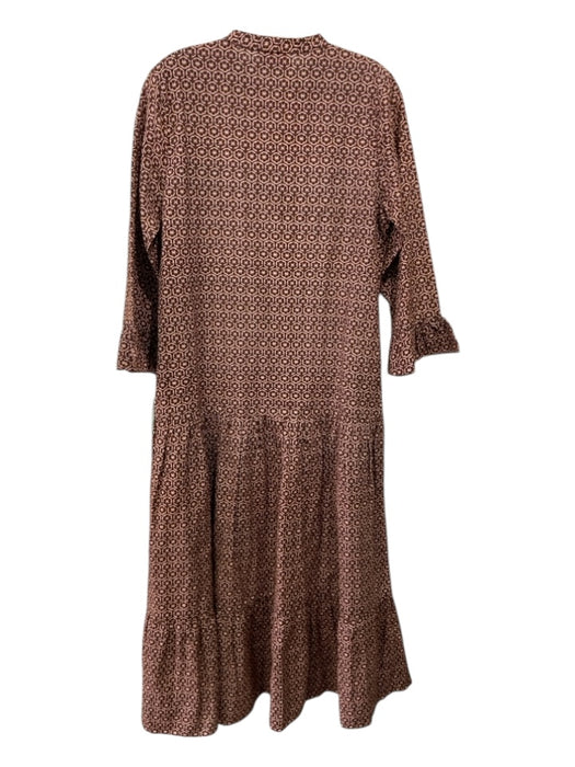 Mason's Daughter Size S Brown Print COTTON & LINEN V Neck Long Sleeve Midi Dress Brown Print / S