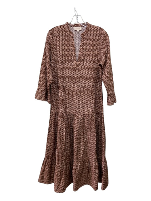 Mason's Daughter Size S Brown Print COTTON & LINEN V Neck Long Sleeve Midi Dress Brown Print / S