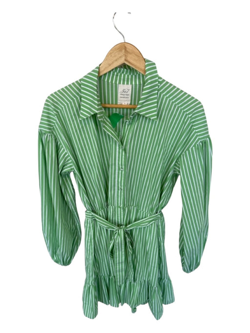 Cinq a Sept Size 6 Green & White Cotton Blend Long Balloon Sleeve Striped Dress Green & White / 6