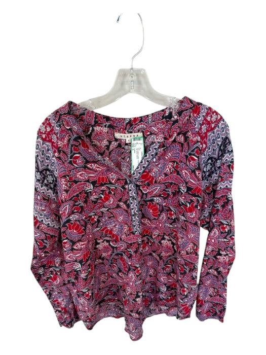 XiRENA Size S Red & Navy Cotton Long Sleeve Floral Half Button Top Red & Navy / S