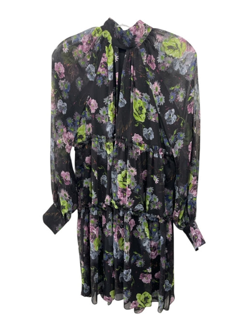 5a7 Cinq a Sept Size 0 Black & Multi Polyester Long Sleeve Floral Tie Neck Dress Black & Multi / 0