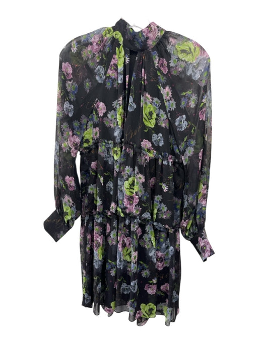 5a7 Cinq a Sept Size 0 Black & Multi Polyester Long Sleeve Floral Tie Neck Dress Black & Multi / 0