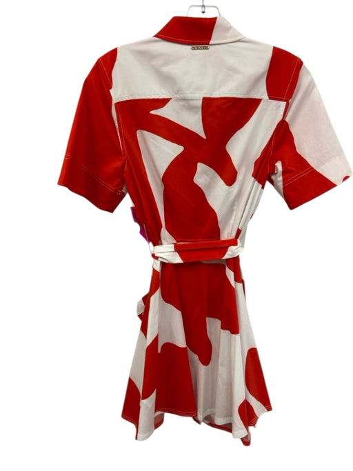 Milly Size 2 White & Red Cotton Blend Short Sleeve Abstract Print Collared Dress White & Red / 2