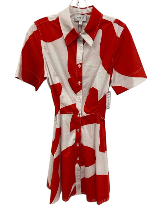 Milly Size 2 White & Red Cotton Blend Short Sleeve Abstract Print Collared Dress White & Red / 2