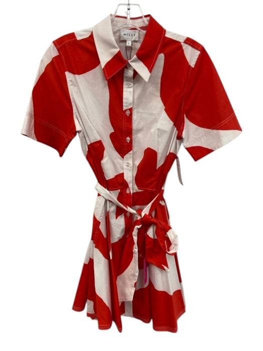 Milly Size 2 White & Red Cotton Blend Short Sleeve Abstract Print Collared Dress White & Red / 2