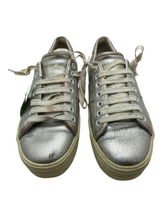 Saint Laurent Shoe Size 8.5 Silver & Cream Leather Laces Metallic Sneakers Silver & Cream / 8.5