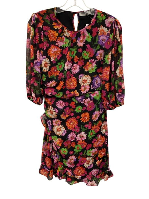 Marella Size 0 Black, Red, Green Polyester Half Puff Sleeve Floral Pleated Dress Black, Red, Green / 0