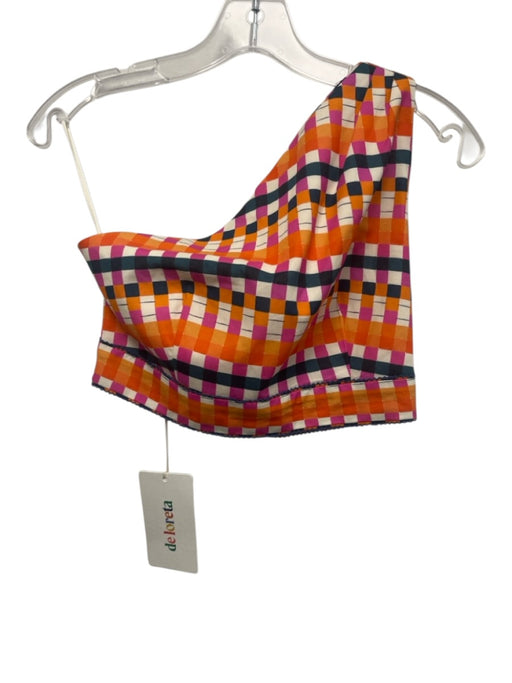 De Loreta Size Small Pink, Orange, Blue Cotton Sleeveless Plaid One Shoulder Top Pink, Orange, Blue / Small