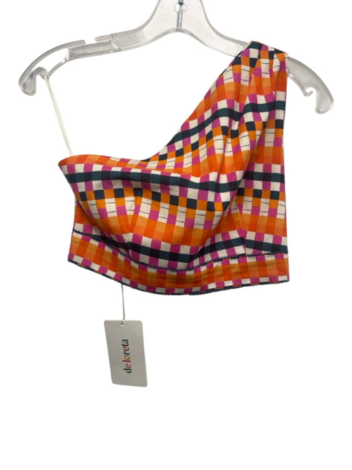 De Loreta Size Small Pink, Orange, Blue Cotton Sleeveless Plaid One Shoulder Top Pink, Orange, Blue / Small